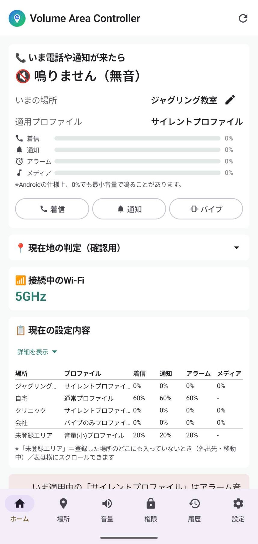 Volume Area Controller のホーム画面。現在の音量、いまの場所、Wi-Fi、現在地の判定が表示されている